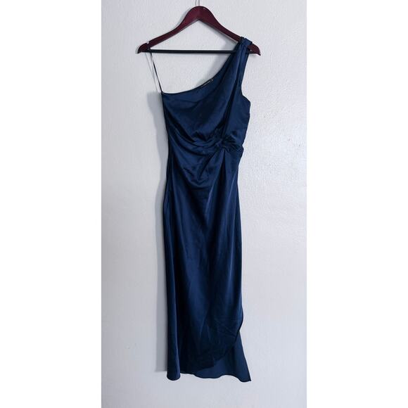 ABERCROMBIE AND FITCH a&f blue one shoulder satin knotted midi side slit dress - Picture 2 of 10